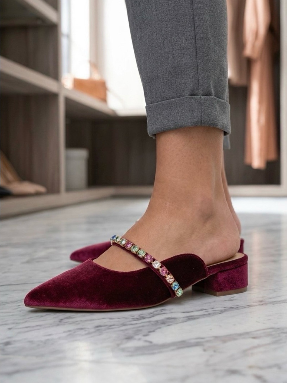 Journee Collection Women's Jewel Mules Pointed Toe Slip On Flats Berry S 9